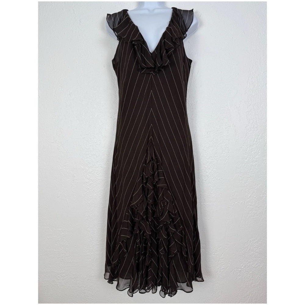 Ralph Lauren 100% Silk Size 8 Brown Cream Stripe Flare Ruffle Lined Dress Women